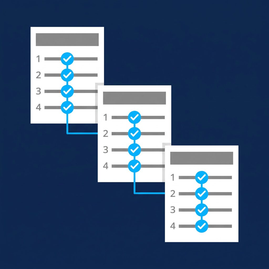 Illustration of three standard operating procedure cards with numbered, ticked steps joined by a connecting line