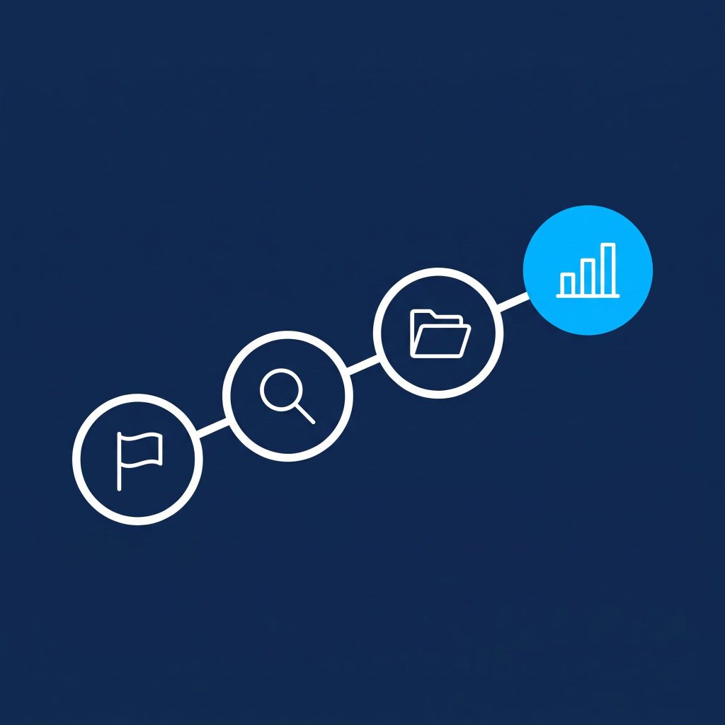 Illustration of four connected steps rising from a flag to a bar chart