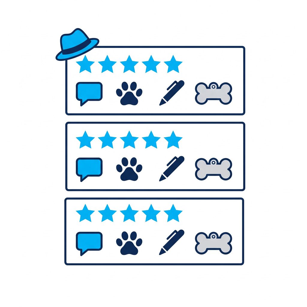 Illustration of three five star review cards with reply bubbles, paw prints and a pen, with a trilby hat on the top card