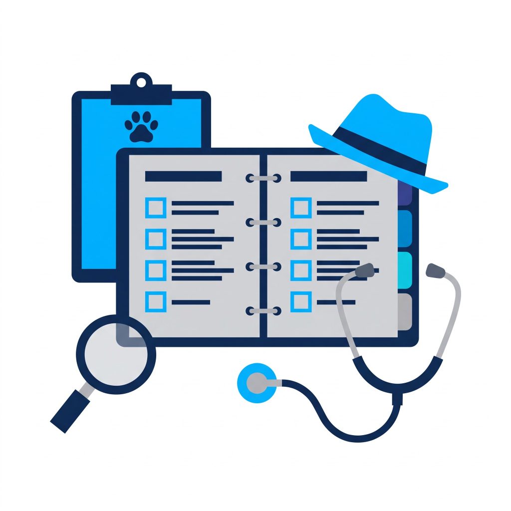 Illustration of an open vet practice manual with checklist pages, a clipboard, a magnifying glass, a stethoscope and a trilby hat