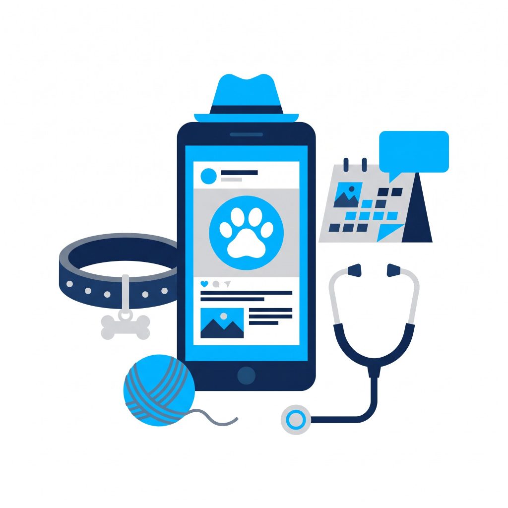 Illustration of a smartphone showing a vet clinic social media post with a paw print, a trilby hat on top, beside a dog collar, a ball of wool and a stethoscope